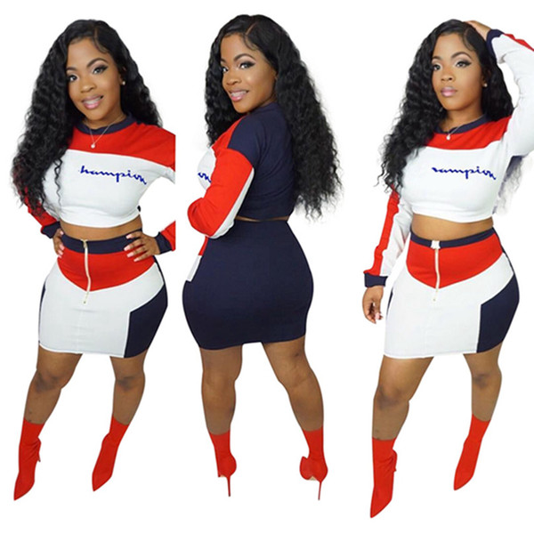Women Two piece dress Bodycon sheath column Pullover crop top Long Sleeve Shirt Above Knee Skirt Panelled Zipper Print letter Plus Size 78
