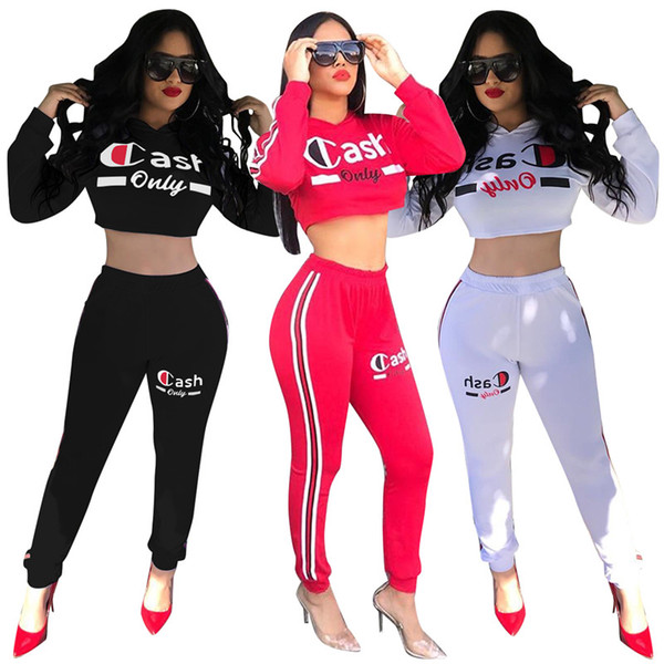 Women 2 piece pullover long sleeve crop top hooded striped sports suit shirt hoodies bodycon leggings pants autumn clothing plus size 296