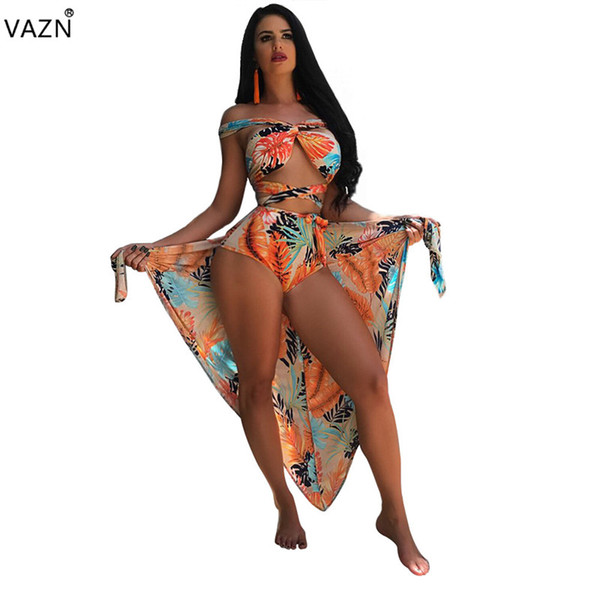 VAZN 2018 summer hot 3-pieces print bodysuits sets ladies full skirt slash neck short sleeve sets women hollow out K0839