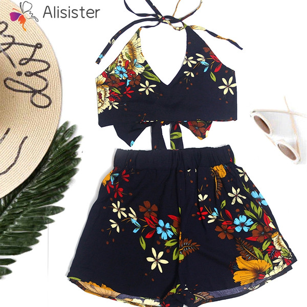 Spaghetti Strap Crop Top And Shorts Set 2018 Summer Boho Floral Print Knot Back Beach Two Pieces Set Casual Vacation Women Sets