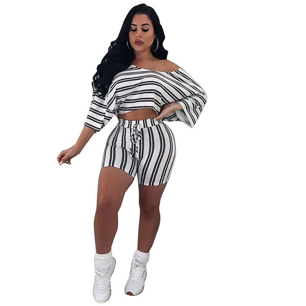 Women's Casual Striped T-shirt and Shorts Set Summer Round Neck Short Sleeve Cropped Tops + Drawstring Waist Shorts 2 Piece Set