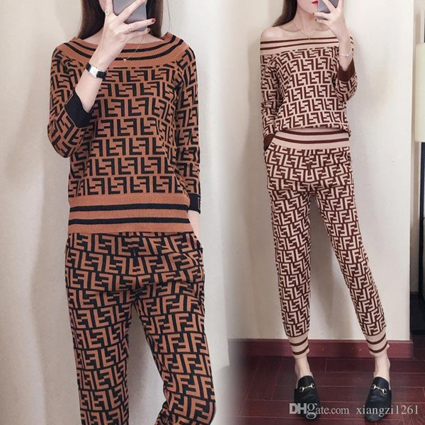 2018 Fashion Style luxury knit wear woollen sweater Women comfortable off shoulder Two Piece Pants 1 Suit Free Shipping