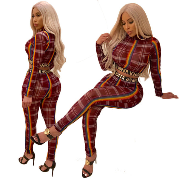 Women Sexy Plaid Stripes Letter Print Full Sleeve Top + Skinny Leg Pants Two Pieces Set Suit Fashion Lady Outfit Jumpsuits