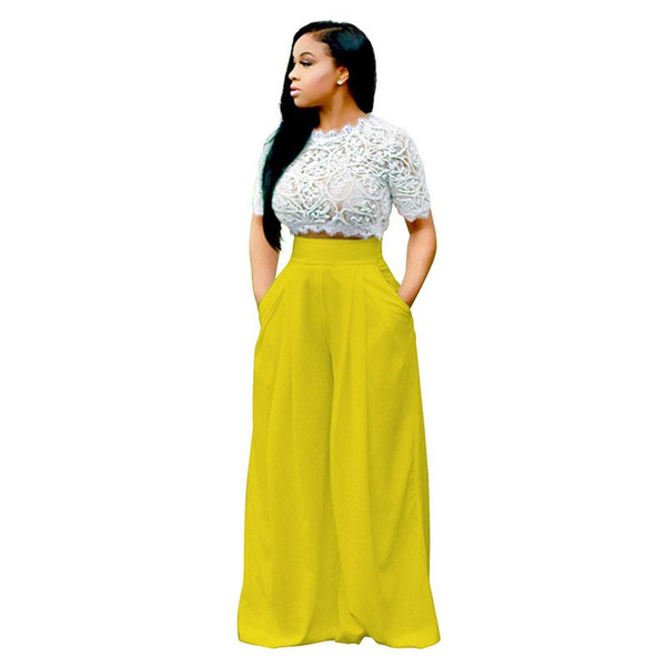 Women Two Piece Sets 2018 new Hollow Out Lace Short Sleeve Crop Tops + Wide Leg Long Pants Two Piece Jumpsuit Playsuit