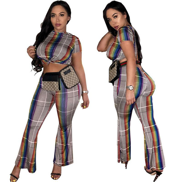 2018 Wide leg pants suit Plaid stripe print two-piece set sexy Midriff Crop Top trousers casual women clothes Bodycon Night Club