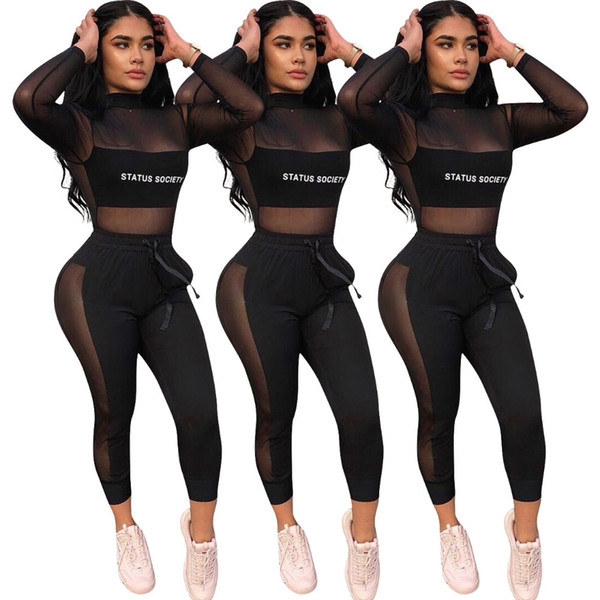 Perspective Mesh Spliced Sexy 2 Piece Set Lady Letter Print Long Sleeve Tees And Drawstring Black Pants Autumn Tracksuit