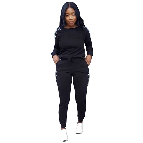 2018 Winter Overalls Autumn top+Pencil pant tracksuit Pearls Pockets fashion sexy women set two pieces Jumpsuit casual