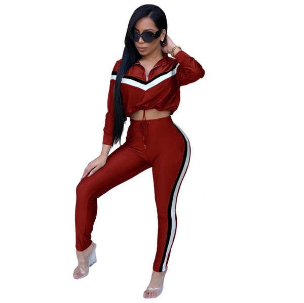 2018 Winter Overalls Autumn Crop Top Coat +Pencil pant tracksuit Stripe fashion sexy women set two pieces Jumpsuit casual