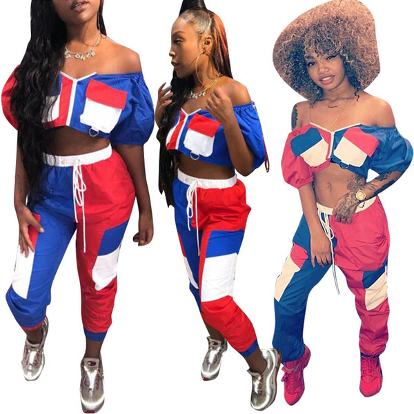 women fashion plaid blue red patchwork off shoulder with zipper crop top + long pants with pocket 2pcs set suit outfit tracksuit