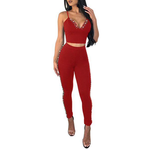 Beading Sexy 2 Piece Set Women Spaghetti Strap Back Zip Crop Tops And Bodycon Pants Suit Casual Two Piece Summer Outfits