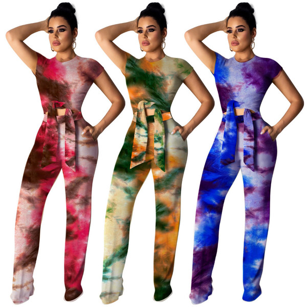 2019 women new tie dyed galaxy print o-neck short sleeve tie up hem tee top straight pants suit 2pcs set tracksuit jumpsuit