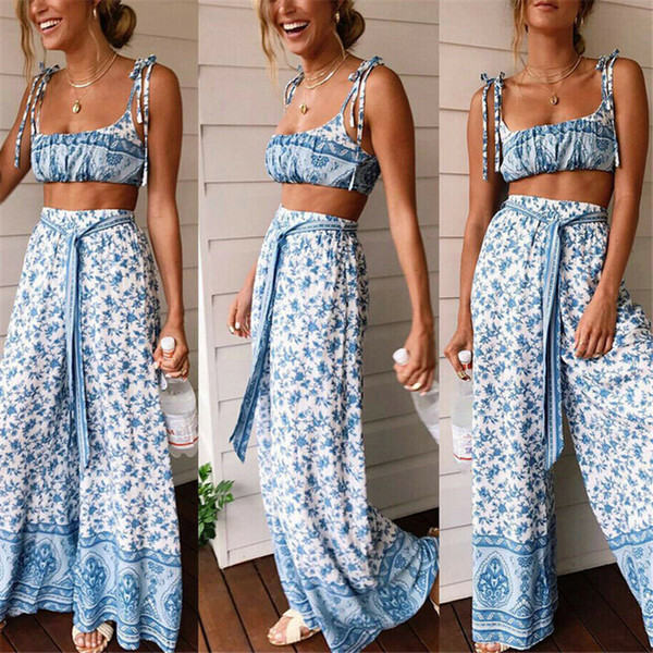 Summer Set Women Outfits Floral Sleeveless Crop Top Flared Pants Casual Party Set Beach Clolthes 2 Piece Sets Womens Outfits