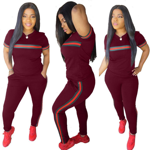 M2019 WholesaleSummer Women Tracksuits Two Piece Sets Side Stripe Casual Crop Top and Long Pants Ladies Sweat Suits Jogger Leisure Suit PINK