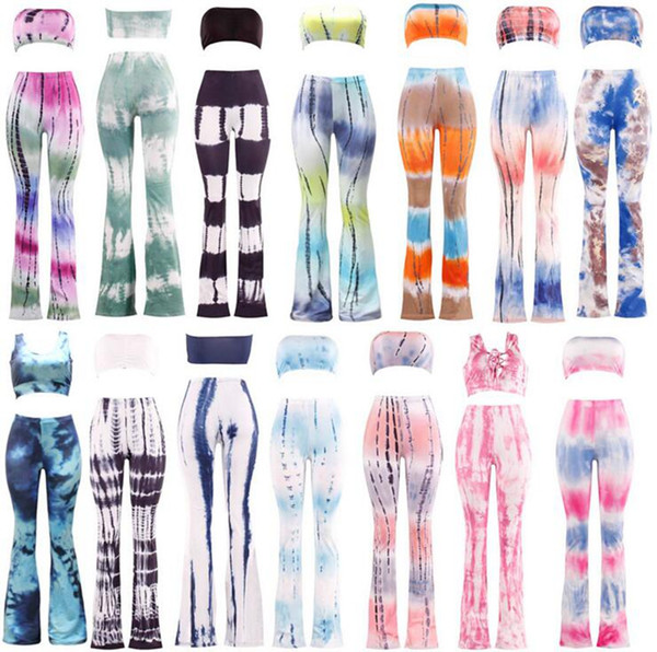 Bell Bottom Trousers Bra Sets Women Tie Dye Flare Pants Camis Sexy Palazzo Wide Leg Pants Vest Long Stretch Boho Hippie Pants OOA3367