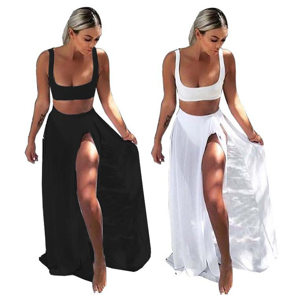 Vest Short Bandage Skirt Bikini Set Backless Gauze Beach Skirt Suit Tank Crop Top Dresses 3pcs/set OOA6418