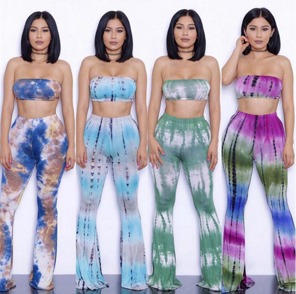 Bell Bottom Trousers Bra Sets Women Tie Dye Flare Pants Camis Sexy Palazzo Wide Leg Pants Vest Long Stretch Boho Hippie Pants 50Sets OOA3367