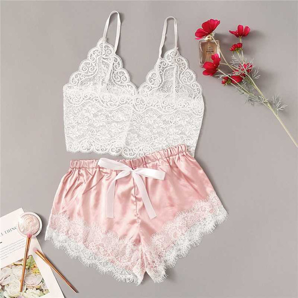 Floral Lace Bralette With Satin Shorts Lingerie Set Women Summer Sexy Sets Ladies Bra And Panty Underwear Pajama Set-Pink