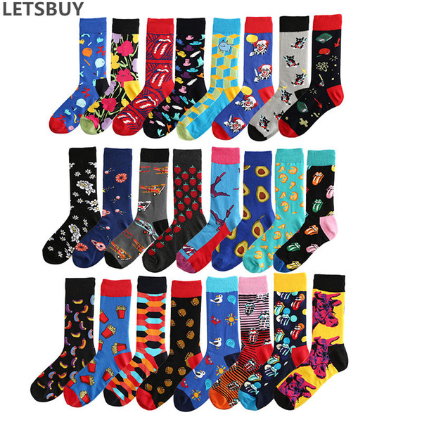 LETSBUY mens cotton socks colored crew long socks mens womens gift harajuku pattern colorful casual dress