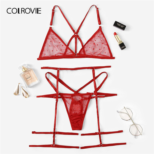 COLROVIE Red Harness Sheer Garter Lingerie Set Women Intimates 2019 Summer See Through Sexy Bra And Panties Underwear Set