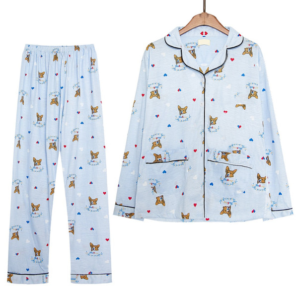 New 2017 Pajama Sets Women Cute Corgi Print 2 Pieces Set Long Sleeve Top + Pants Elastic Waist Cotton Home Wear pijamas S78801