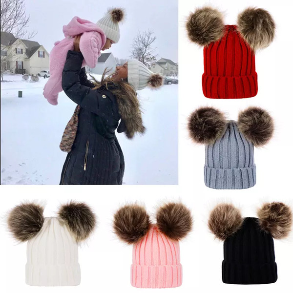 Knitting Warm Hats Winter Beanie Hats Mom And Baby Family Matching Outfits Newborn baby Double fur Ball pop Crochet HATS via DHL