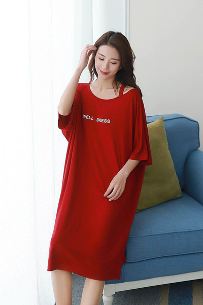 Large size women's headband round neck leak shouldernew short sleeve dress summer long section plus fat maternity dress nightdress