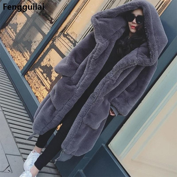 Winter Warm hooded Large size Medium length Solid color Fur & Faux Fur Women 2018 New Casual Long sleeve Women Fur coat SH190920