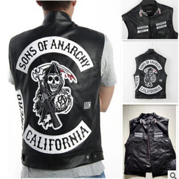 Sons Of Anarchy Embroidery Leather Rock Punk Vest Cosplay Costume Black Color Motorcycle Sleeveless JacketMX190921