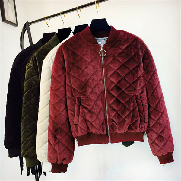 Women Velvet Coat Autumn Winter Warm Thicken Cotton Parkas Down Jacket Students Baseball Bomber Outwear Short Solid Tops RH1095MX190927