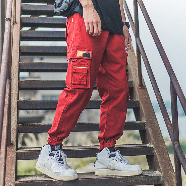 2019 Men's Streetwear Joggers Pants Hip Hop Multi Pockets Jogger Pant Men Casual Harajuku Cargo Trousers Sweatpants Red WB48 SH190925