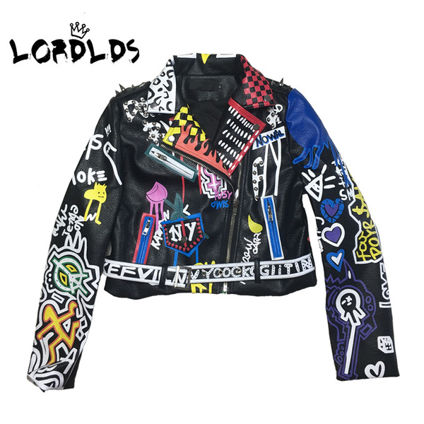 LORDLDS Leather Jacket Women Graffiti Colorful Print Biker Jackets and Coats PUNK Streetwear Ladies clothesMX190927