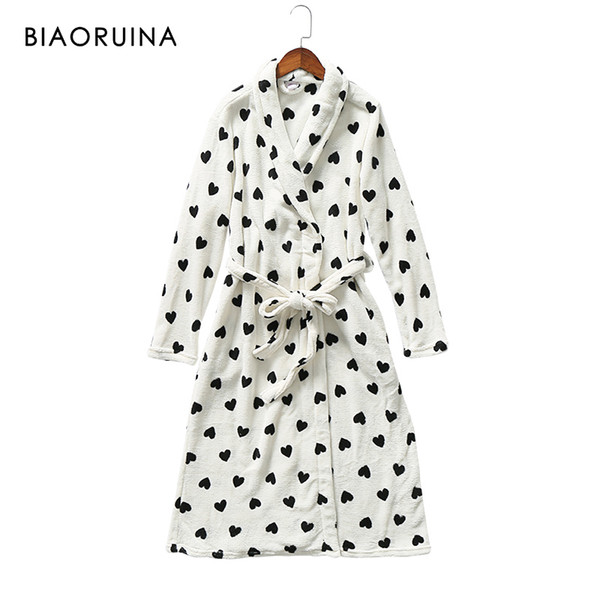 BIAORUINA Women's Fleece Heart Printing White A-line Long Robe Female Fashion Keep Warm Comfortable Winter Sleeping Robes SH190913