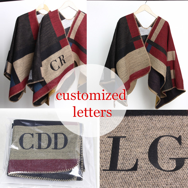 2019 New Wool Scarf Women Poncho Monogramed Blanket Cashmere Wool Personalized Initials Scarf Plaid Poncho Cape Winter Scarves