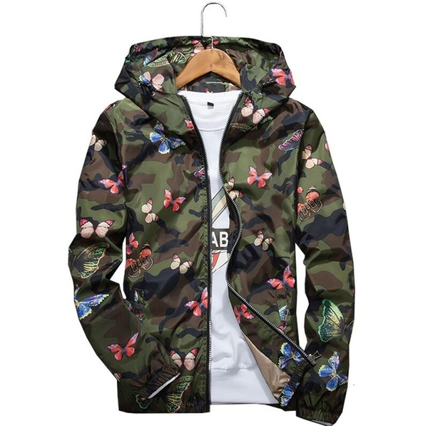 High Quality Womens Autumn Camo Windbreaker Jacket Thin Female Camouflage Butterfly Windbreaker Coats Spring Hooded WindbreakerMX190930