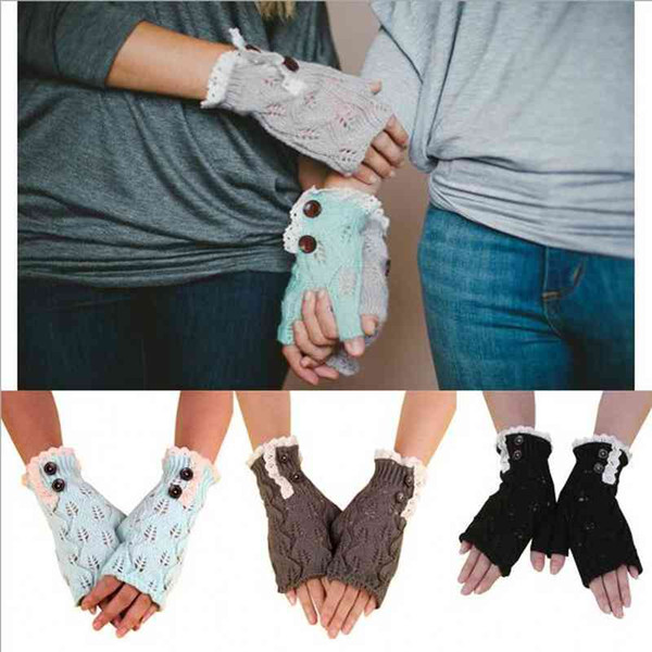 Women Knitted Hollow Wool Winter Warm Fingerless Gloves Women Lace Button Wrist Soft Mittens Hand Wrist Warmer Mitten Gloves