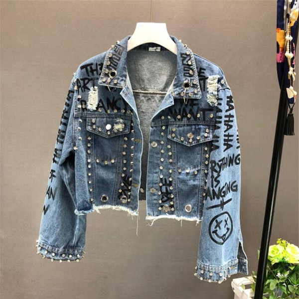 2019 New Fashion Beading Diamond Graffiti Printed Short Design Denim Jacket Coat Casual Women Cowboy Jeans Coats Outerwear R773MX190929