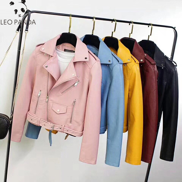 2019 Autumn women high quality PU Leather Jacket New Casual Motorcycle yellow Sexy Slim Zipper Office Female Short Jackets T200114