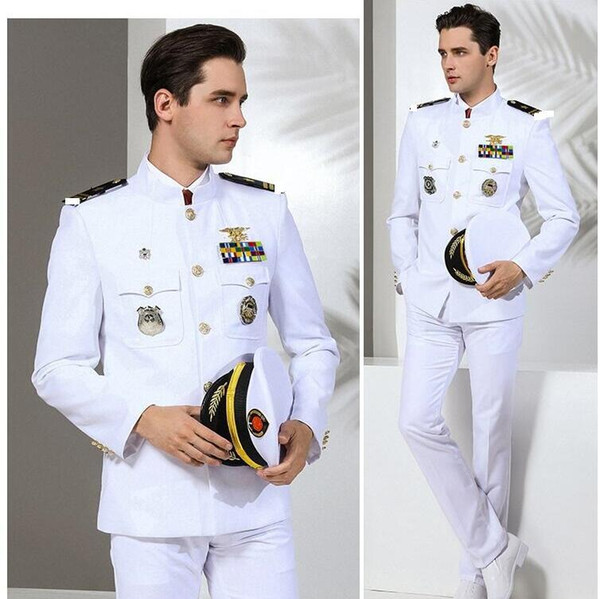 Male American Navy Formal attire White Military Suits Hat + Jacket + Trousers European Standard Navy Uniform White military Clothing