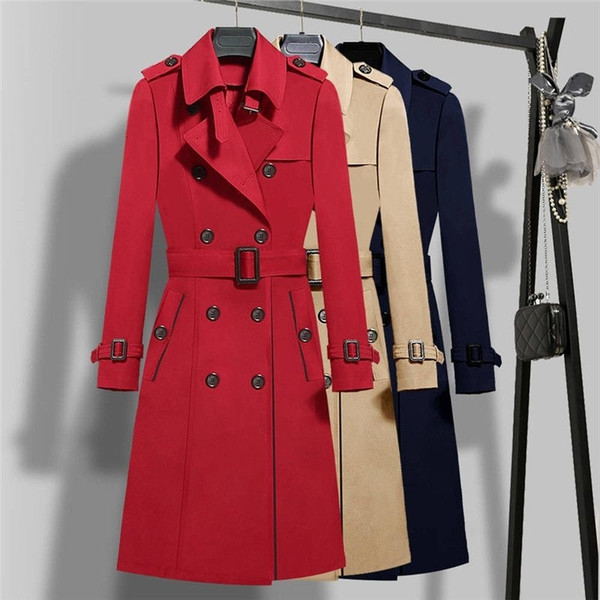 2019 New Spring Women Double Breasted Long Trench Coats Khaki Slim Belt Cloak Windbreaker Female Plus Size S-5XL Outerwears M37 T190917