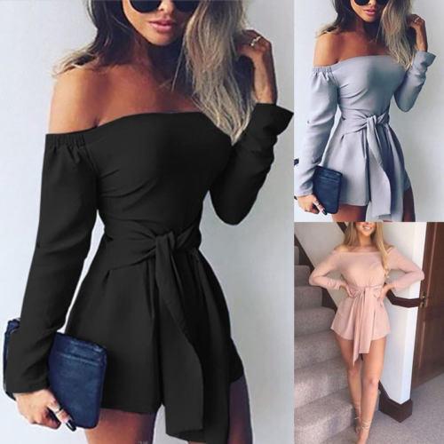 Womens Holiday Lady Female Playsuit Clubwear Ladies Off Shoulder Long Sleeve Waisted Jumpsuit Romper Summer Beach Clothes