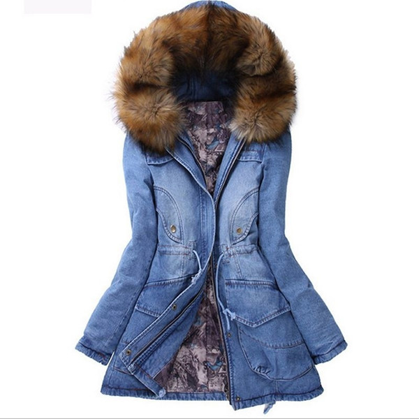 Fashion Brand Denim Jacket Womens Fur Collar Coat Zipper Denim Jeans Parka Female Long Parka Warm Cotton Fleece Hoody Outwear Y191007