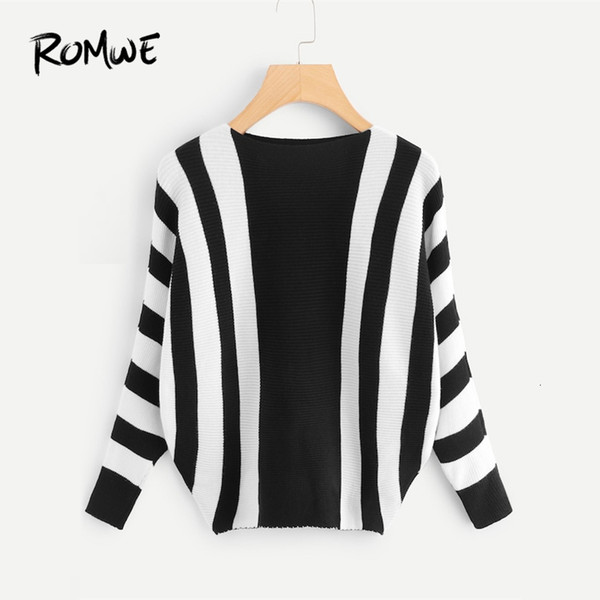 ROMWE Black And White Contrast Stripe Boat Neck Sweater Women Casual Autumn Long Sleeve Clothing Female Pullovers SweaterMX191008