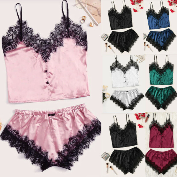 2pcs Women Sexy Satin Lace Sleepwear Pajamas Set Babydoll Lingerie smooth Nightdress Bralet Bra Crop Underwear Set 7 colors