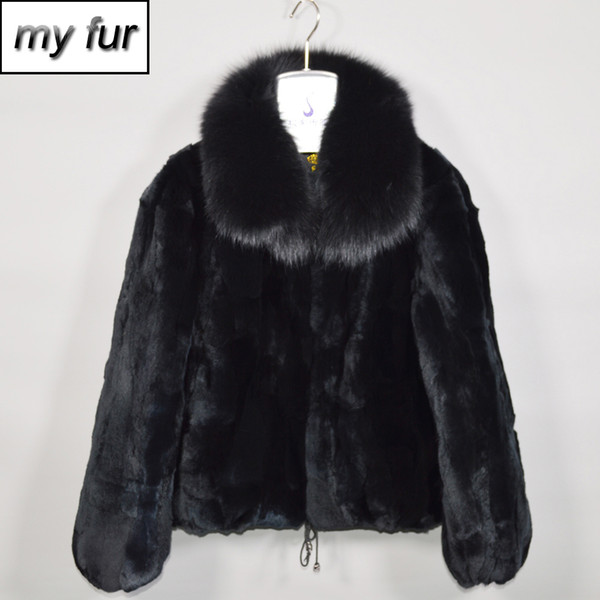 New Women Winter Warm Soft Quality Real Rex Rabbit Fur Coat Rex Rabbit Fur Short Jacket Big Real Fox Fur Collar Overcoat T191214