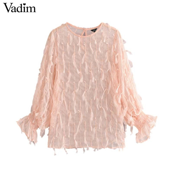 Vadim women tassels feathers patchwork chic blouse transparent style three quarter bell sleeve female sexy cute top LB321 SH190917