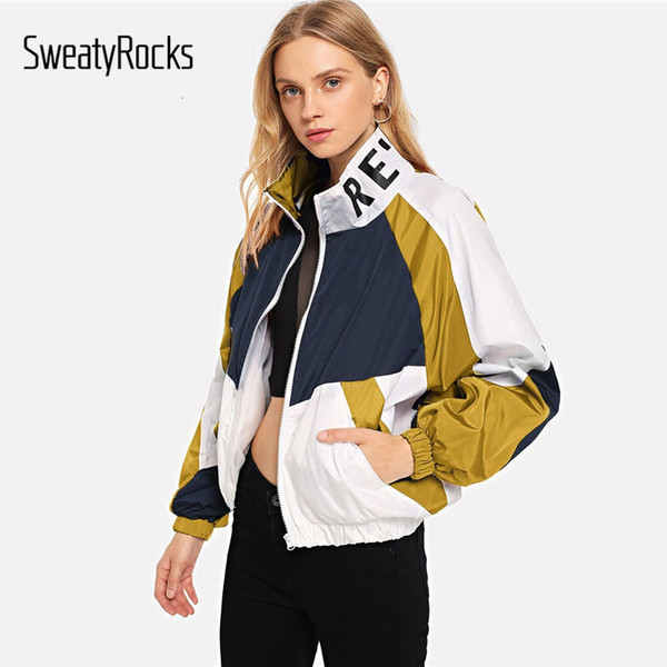 SweatyRocks Athleisure Zip Up Colorblock Letter Print Jacket 2018 New Stand Collar Bomber Jacket Women Autumn Casual OvercoatsMX190929