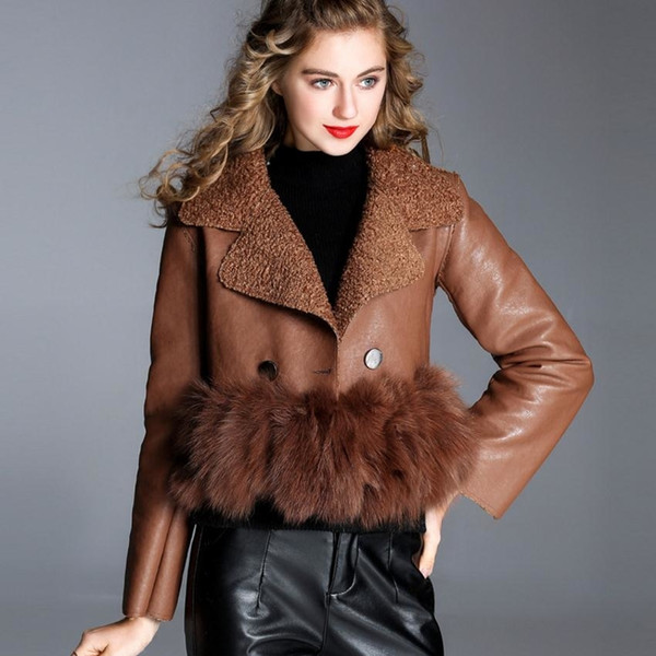 autumn and winter new small incense leather coat female fur stitching short coat Slim was thin lamb cashmere jacket WJ1841 T191015