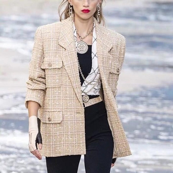 2019 New Runway Autumn winter Tweed Jackets Women Suit Collar Plaid fashion Coats Long Sleeve Loose Outerwear SH190926