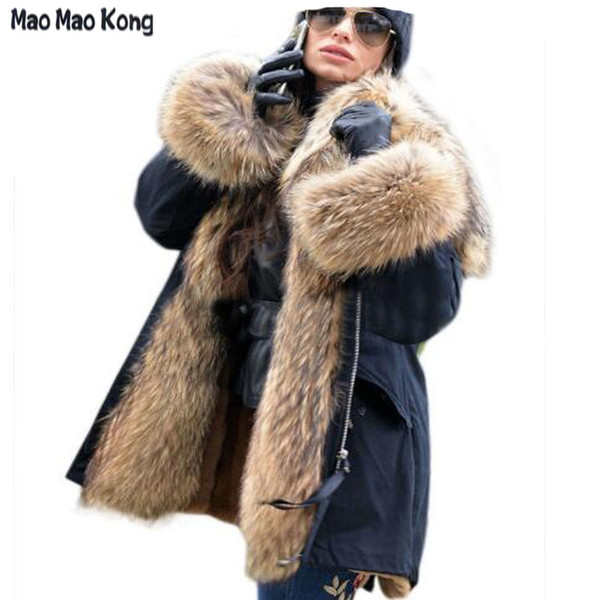 Big real raccoon fur collar Real natural Fur Coat winter jacket Long Women raccoon fur liner hooded parkas Y191007