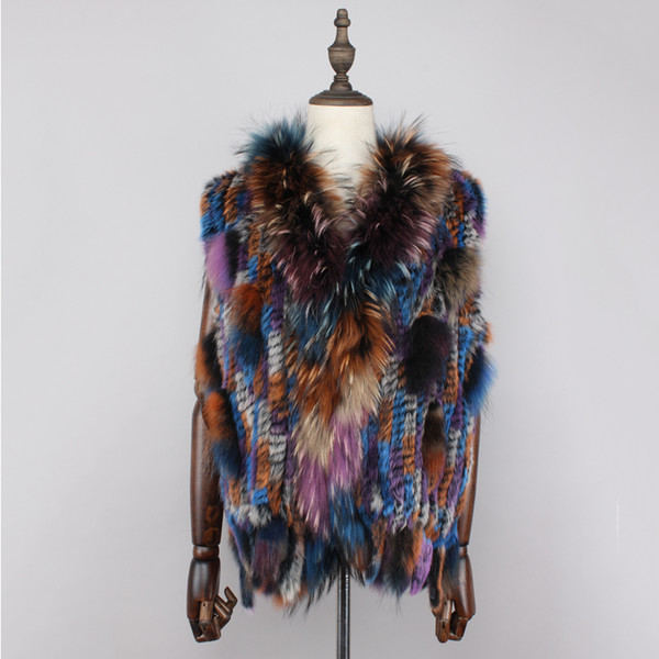 2019 new colors Women Genuine real Rabbit Fur Vest coat tassels Raccoon Fur collar Waistcoat SH190930